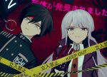  1boy 1girl ahoge bangs black_hair black_jacket black_ribbon blood blood_on_face broken_glass brown_eyes brown_gloves caution_tape dangan_ronpa:_trigger_happy_havoc dangan_ronpa_(series) dangan_ronpa_v3:_killing_harmony glass gloves green_eyes hair_between_eyes hair_ribbon hand_up jacket keep_out kirigiri_kyouko long_hair looking_at_viewer lying magnifying_glass necktie on_back open_clothes open_jacket orange_neckwear purple_hair purple_jacket renshu_usodayo ribbon saihara_shuuichi school_uniform shirt short_hair silver_hair striped striped_jacket sweat sweatdrop translation_request upper_body violet_eyes white_shirt 