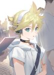  1boy aqua_eyes bass_clef blonde_hair bloom blurry blurry_foreground casual commentary crowd drawstring faceless faceless_female glowing grey_hoodie headphones highres holding holding_own_arm holding_phone hood hoodie kagamine_len kagamine_len_(append) male_focus naoko_(naonocoto) outdoors parted_lips pendant_choker phone short_ponytail sound_wave spiky_hair upper_body vocaloid vocaloid_append yellow_nails 