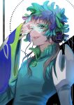  1other artist_name black_hair blue_eyes blue_hair facial_mark feathers forehead_mark gnosia green_hair green_nails headphones highres letochaos long_hair long_sleeves looking_at_viewer makeup multicolored_hair open_mouth raqio smile solo upper_body white_background 