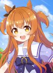  1girl :d animal_ears back_bow bangs black_ribbon blue_sky bow brown_eyes clouds commentary day ear_ribbon eyebrows_visible_through_hair happy highres horse_ears ixia_(ixia424) light_blush long_hair looking_at_viewer mayano_top_gun open_mouth orange_hair puffy_short_sleeves puffy_sleeves purple_bow purple_shirt ribbon sailor_collar school_uniform serafuku shiny shiny_hair shirt short_sleeves sky smile solo tracen_school_uniform two_side_up umamusume upper_body upper_teeth very_long_hair white_sailor_collar 