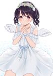  1girl absurdres angel_wings black_hair blush commentary_request dress flower fukumaru_koito hairband highres idolmaster idolmaster_shiny_colors jewelry looking_at_viewer mochiko_(uyu_omochi) necklace pink_eyes short_hair simple_background solo twintails white_background white_dress white_wings wings 
