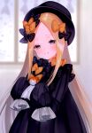  1girl abigail_williams_(fate) absurdres bangs black_bow black_dress black_headwear blonde_hair blue_eyes blush bow breasts closed_mouth dress fate/grand_order fate_(series) forehead hair_bow hat highres long_hair looking_at_viewer multiple_bows multiple_hair_bows orange_bow parted_bangs polka_dot polka_dot_bow ribbed_dress sleeves_past_fingers sleeves_past_wrists small_breasts smile solo suzuho_hotaru 