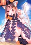  1girl :d abigail_williams_(fate) absurdres animal_ear_fluff animal_ears bangs beach black_bow black_headwear black_panties blonde_hair blue_sky blush bow cat_ears cat_girl cat_tail clouds cloudy_sky day fang fate/grand_order fate_(series) gloves groin hand_up hat hat_bow highres horizon kemonomimi_mode keyhole long_hair looking_at_viewer navel ocean open_mouth orange_bow outdoors panties parted_bangs paw_gloves paws red_eyes revealing_clothes sand sky smile solo stuffed_animal stuffed_toy suzuho_hotaru tail teddy_bear topless underwear very_long_hair water white_gloves witch_hat 