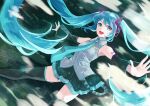  1girl :d absurdly_long_hair aqua_eyes black_legwear black_skirt black_sleeves blue_hair blue_nails collared_shirt detached_sleeves dress_shirt floating_hair grey_shirt harumaron_123 hatsune_miku long_hair looking_at_viewer miniskirt nail_polish open_mouth outstretched_arms outstretched_hand pleated_skirt shirt skirt sleeveless sleeveless_shirt smile solo thigh-highs twintails very_long_hair vocaloid wing_collar zettai_ryouiki 