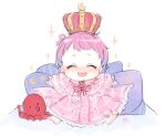  1girl :d baby closed_eyes crown feet happy himemori_luna hololive isuka moon octopus open_mouth pillow purple_hair short_hair smile sparkle star_(symbol) stuffed_animal stuffed_toy toes white_background younger 