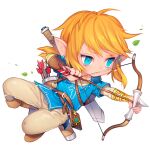  1boy aiming arrow_(projectile) bangs belt blonde_hair blue_eyes blue_tunic boots bow_(weapon) earrings fa8072 floating_hair holding holding_arrow holding_bow_(weapon) holding_weapon jewelry leaves_in_wind link male_focus pants pointy_ears solo strap sword the_legend_of_zelda the_legend_of_zelda:_breath_of_the_wild weapon 