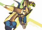  armor character_name charging_forward clenched_hands degarashi_(ponkotsu) digimon helmet horns looking_at_viewer magnamon no_humans red_eyes science_fiction 