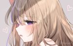  1girl animal_ears bangs blush brown_hair cat_ears close-up face fang hair_between_eyes heart leo_(mafuyu) long_hair mafuyu_(chibi21) multicolored_hair open_mouth original profile purple_hair solo streaked_hair sweat violet_eyes 