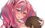  1boy 1girl azur_lane bangs blush breasts bremerton_(azur_lane) brown_eyes commission eye_piercing eyebrows_visible_through_hair gyudan_(t1k_7) hug hug_from_behind jewelry large_breasts long_hair looking_at_another mole mole_on_breast mole_under_eye multicolored_hair necklace open_mouth pink_hair skeb_commission twintails white_background 