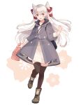  1girl amatsukaze_(kancolle) black_legwear boots brown_eyes coat dress floral_print full_body grey_coat hair_tubes hood hooded_coat hoodie kantai_collection long_hair looking_at_viewer official_alternate_costume shakemi_(sake_mgmgmg) silver_hair solo thigh-highs two_side_up white_background white_dress windsock 