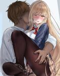  1boy 1girl black_footwear black_legwear blonde_hair blue_jacket blush bow bowtie breasts brown_hair character_request eye_piercing eyebrows_visible_through_hair gyudan_(t1k_7) hand_on_own_thigh highres holding_person hug hug_from_behind jacket light_brown_hair long_hair looking_at_viewer medium_breasts one_eye_closed open_clothes open_jacket open_mouth original pantyhose red_neckwear school_uniform shirt short_hair simple_background sweatdrop white_shirt yellow_eyes 