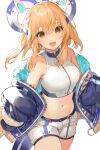  1girl :d akizone bangs blonde_hair blue_jacket blush breasts brown_eyes commentary_request eyebrows_visible_through_hair highres jacket long_sleeves looking_at_viewer medium_breasts midriff navel open_mouth original short_hair shorts simple_background smile solo thighs white_background white_shorts zipper 