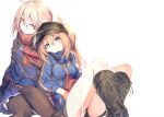  2girls absurdres ahoge artoria_pendragon_(all) bangs baseball_cap black_footwear blonde_hair blue_eyes blue_jacket blue_scarf blue_skirt boots braid closed_mouth coat crease duffel_coat eyebrows_visible_through_hair fal_maro fate/grand_order fate_(series) french_braid garter_straps glasses hair_between_eyes hair_through_headwear hat highres jacket knee_boots long_hair looking_at_viewer multiple_girls mysterious_heroine_x_(alter)_(fate) mysterious_heroine_x_(fate) open_clothes open_coat plaid plaid_scarf platinum_blonde_hair pleated_skirt ponytail red_scarf scan scan_artifacts scarf school_uniform serafuku short_shorts shorts sidelocks silver_hair simple_background sitting skirt smile thigh-highs thighs track_jacket white_background yellow_eyes 