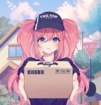  1girl baseball_cap blue_eyes blue_hair blue_shirt blue_sky box building character_request clouds copyright_request day hat highres holding holding_box long_hair looking_at_viewer multicolored_hair outdoors pink_hair power_lines road_sign shirt sign sky smile solo streaked_hair twintails upper_body ykelo 