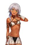  bangs blush breasts criss-cross_halter dark_skin dark-skinned_female eyebrows_visible_through_hair fang grey_hair halterneck konbu_wakame long_hair looking_at_viewer navel open_mouth original pointy_ears showgirl_skirt small_breasts tattoo white_background yellow_eyes 