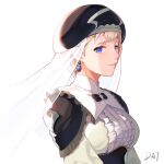  1girl artist_name bangs black_headwear blue_eyes breasts center_frills commentary da-cart dress earrings fire_emblem fire_emblem:_three_houses frills grey_dress highres jewelry looking_at_viewer medium_breasts mercedes_von_martritz short_hair signature silver_hair simple_background solo upper_body veil white_background 