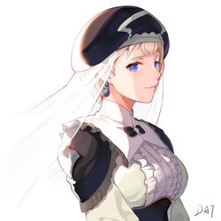  1girl artist_name bangs black_headwear blue_eyes breasts center_frills commentary da-cart dress earrings fire_emblem fire_emblem:_three_houses frills grey_dress highres jewelry looking_at_viewer medium_breasts mercedes_von_martritz short_hair signature silver_hair simple_background solo upper_body veil white_background 