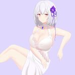  1girl absurdres azur_lane bare_shoulders breasts dress feet_out_of_frame flower flower-trimmed_dress hair_flower hair_ornament halter_dress halterneck highres large_breasts light_purple_hair nightgown official_alternate_costume purple_flower red_eyes rose simple_background sirius_(azur_lane) sirius_(white_rose)_(azur_lane) sleeveless sleeveless_dress solo tokoro_(4338) white_dress white_flower white_hair white_rose 