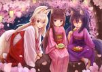  3girls :d ^_^ all_fours animal_ear_fluff animal_ears bangs blue_eyes blush bowl brown_footwear brown_hair cat_ears cherry_blossoms closed_eyes commentary_request dango eyebrows_visible_through_hair folded_ponytail food fox_ears fox_girl fox_tail hair_between_eyes hair_ornament hairclip hakama highres holding holding_bowl iroha_(iroha_matsurika) japanese_clothes kimono koyoi_(iroha_(iroha_matsurika)) kunoichi-chan_(iroha_(iroha_matsurika)) long_hair long_sleeves miko multiple_girls mutsuki_(iroha_(iroha_matsurika)) open_mouth original petals pink_kimono purple_hair purple_hakama purple_kimono red_hakama sanshoku_dango sitting sleeves_past_wrists smile socks tabi tail very_long_hair violet_eyes wagashi white_kimono white_legwear wide_sleeves x_hair_ornament zouri 