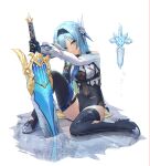  1girl black_legwear blue_hair covered_navel envyvanity eula_(genshin_impact) eyebrows_visible_through_hair eyes_visible_through_hair genshin_impact hairband holding holding_sword holding_weapon ice long_sleeves planted_sword planted_weapon reflection sitting solo sword thigh-highs thigh_strap weapon yellow_eyes 