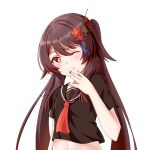  1girl ;p absurdres bangs blush brown_hair flower genshin_impact hair_flower hair_ornament hand_on_own_face highres hu_tao long_hair looking_at_viewer midriff one_eye_closed red_eyes red_neckwear sailor_collar school_uniform serafuku short_sleeves sif123456 simple_background smile symbol-shaped_pupils tongue tongue_out twintails upper_body very_long_hair white_background 