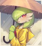  :o artist_name bellavoirr blush buttons clothed_pokemon commentary dated english_commentary gardevoir gen_3_pokemon hands_up highres holding holding_umbrella looking_back open_mouth orange_eyes pokemon raincoat tongue umbrella water_drop 