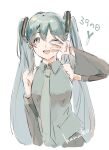  1girl ;d bangs bare_shoulders black_skirt black_sleeves collared_shirt detached_sleeves eyebrows_visible_through_hair frilled_shirt frills green_eyes green_neckwear green_shirt hair_between_eyes hanako151 hand_up hatsune_miku long_hair looking_at_viewer necktie one_eye_closed open_mouth shirt signature sketch skirt sleeveless sleeveless_shirt smile solo spring_onion twintails upper_body very_long_hair vocaloid w white_background 