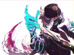  1boy aka_no_jo asclepius_(fate) bangs black_jacket blue_gloves fate/grand_order fate_(series) gas_mask gloves green_eyes hair_between_eyes hair_ribbon jacket long_hair long_sleeves looking_at_viewer male_focus mask multicolored_hair outstretched_arm ribbon silver_hair simple_background solo upper_body very_long_hair white_hair 