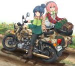  2girls aqua_eyes bangs black_legwear black_pants bobblehat boots commentary_request denim denim_shorts dirt_road emblem fingerless_gloves flower fur-trimmed_jacket fur_trim gloves green_jacket ground_vehicle hair_bun highres imz-ural jacket kagamihara_nadeshiko knee_boots legwear_under_shorts looking_at_viewer m_72_(motorcycle) mikeran_(mikelan) motor_vehicle motorcycle multiple_girls outdoors pants pantyhose pink_hair pom_pom_(clothes) road russia scarf shima_rin shorts sidecar striped striped_scarf tagme ural_(motorcycle) vest violet_eyes white_background white_vest winter_clothes yurucamp 