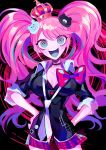  1girl :d bangs bear_hair_ornament black_background black_bra black_choker black_neckwear black_shirt bow bra breasts choker collarbone commentary_request cowboy_shot crazy_eyes crazy_smile crown dangan_ronpa:_trigger_happy_havoc dangan_ronpa_(series) enoshima_junko eyebrows_visible_through_hair grey_eyes hair_ornament hands_on_hips highres himanemuitoma large_breasts long_hair miniskirt necktie open_mouth oversized_object pink_background pink_hair plaid plaid_skirt red_bow red_skirt shiny shiny_hair shirt skinny skirt smile solo twintails underwear white_neckwear 