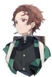  1boy brown_hair checkered chyoel closed_mouth earrings highres japanese_clothes jewelry kamado_tanjirou kimetsu_no_yaiba looking_away looking_to_the_side male_focus red_eyes scar scar_on_forehead short_hair simple_background solo upper_body white_background 