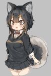  1girl :3 :p animal_ears bangs black_hair black_skirt black_sweater collar commentary_request cowboy_shot cropped_legs grey_background hair_between_eyes miniskirt nyifu original pleated_skirt shirt simple_background sketch skirt solo sweater tail tongue tongue_out wing_collar 