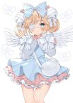  1girl absurdres agaki_anko bell blonde_hair blue_eyes bow double_bun eyepatch feathered_wings frilled_skirt frills hair_bow highres jingle_bell original skirt solo white_background wings 