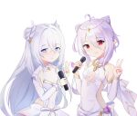 +_+ azur_lane bare_shoulders blue_eyes crossover danraz0r double_bun dress eyebrows_visible_through_hair hair_ornament highres holding holding_microphone kokkoro_(princess_connect!) le_malin_(azur_lane) le_malin_(muse)_(azur_lane) long_hair looking_at_viewer microphone pointy_ears princess_connect! princess_connect!_re:dive red_eyes see-through_dress short_hair simple_background v white_background white_dress white_hair 
