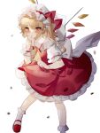  1girl :o ascot bangs blonde_hair blurry blush bobby_socks bow breasts crystal eyebrows_visible_through_hair finger_to_mouth flandre_scarlet foot_out_of_frame frilled_shirt_collar frills hat hat_bow highres leaning_forward looking_at_viewer mary_janes medium_hair mob_cap one_side_up petticoat pointy_ears puffy_short_sleeves puffy_sleeves red_bow red_eyes red_footwear red_skirt red_vest shirt shoes short_sleeves simple_background skirt skirt_set small_breasts socks solo sorani_(kaeru0768) touhou vest white_background white_headwear white_shirt wings wrist_cuffs yellow_neckwear 