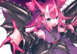  1girl absurdres bangs bat_wings black_sleeves black_wings blue_eyes blush breasts detached_sleeves elizabeth_bathory_(fate) elizabeth_bathory_(fate)_(all) eyebrows_visible_through_hair fate/extra fate/extra_ccc fate/grand_order fate_(series) fingernails hair_between_eyes hair_ribbon highres horns huge_filesize japanese_clothes kimono long_hair long_sleeves looking_at_viewer oni_horns pink_hair pointy_ears profile purple_kimono purple_ribbon ribbon scan sidelocks simple_background sleeveless sleeveless_kimono small_breasts solo suzuho_hotaru very_long_hair white_background wings 