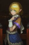  1girl :/ arm_up arm_warmers black_background blonde_hair bridge cowboy_shot crying crying_with_eyes_open dress fjsmu green_eyes hand_on_own_shoulder highres layered_dress mizuhashi_parsee pointy_ears scarf short_hair short_sleeves solo standing tears touhou water white_scarf 