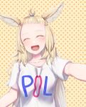  1girl animal_ears blonde_hair breasts collarbone fox_ears fox_girl hair_pulled_back hair_tie highres hololive ichi-go long_hair medium_breasts omaru_polka open_mouth polka_dot polka_dot_background selfie shirt smile solo t-shirt tied_hair upper_body virtual_youtuber 