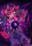  1girl apex_legends ball_and_chain_(weapon) black_bodysuit black_headwear black_jacket blue_eyes bodysuit cyber_punked_wattson cyberpunk eyepatch eyeshadow highres horns jacket lipstick looking_to_the_side makeup mechanical_arms mechanical_legs moaiman one_eye_covered pink_eyeshadow pink_hair purple_lips single_mechanical_arm smile solo wattson_(apex_legends) 