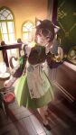  1girl animal_ears apron black_hair cat_ears cat_tail glasses highres indoors looking_at_viewer maid maid_apron original phone pink_eyes rotary_phone round_eyewear saraki short_hair solo tail wa_maid 