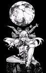  1girl alcohol anderson_m0311 bangs black_background bow cuffs floating_hair gourd greyscale highres horn_bow horn_ornament horn_ribbon horns ibuki_suika long_hair looking_at_viewer monochrome moon oni ribbon rock sake shackles sitting smile solo touhou traditional_media 