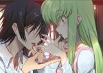  1boy 1girl apron bangs black_hair c.c. chin_hold chocolate chocolate_on_face chocolate_syrup code_geass collared_shirt creayus eye_contact finger_licking finger_to_mouth food food_on_face green_hair hair_between_eyes holding holding_hand lelouch_lamperouge licking long_hair long_sleeves looking_at_another pink_apron profile shirt short_hair sidelocks tongue tongue_out upper_body violet_eyes white_shirt window yellow_eyes 