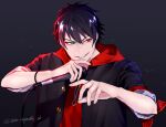  1boy black_background black_hair bracelet green_eyes hood hoodie hypnosis_mic jewelry long_sleeves looking_to_the_side male_focus microphone mole mole_under_eye red_eyes school_uniform short_hair signature simple_background smile smirk solo take_bayashi_3d upper_body yamada_ichirou_(hypnosis_mic) younger 