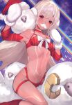 1girl absurdres altera_(fate) altera_the_santa_(fate) bare_shoulders boots dark_skin dark-skinned_female detached_sleeves earmuffs fake_facial_hair fake_mustache fate/grand_order fate_(series) highres holding long_sleeves looking_at_viewer mittens navel red_eyes revealing_clothes riding santa_hat sheep short_hair solo suzuho_hotaru thighs veil white_hair 