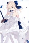  1girl absurdres ahoge artoria_pendragon_(all) bangs blonde_hair blue_bow blue_flower bow collarbone covering_mouth dress elbow_gloves excalibur_(fate/stay_night) eyebrows_visible_through_hair fate/grand_order fate/stay_night fate_(series) flower gloves green_eyes head_tilt highres holding looking_at_viewer medium_hair nagishiro_mito saber scan short_hair solo strapless strapless_dress sword weapon white_background white_dress white_flower white_legwear 