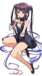 1girl absurdly_long_hair bare_legs bare_shoulders between_legs black_dress black_footwear bracer breasts closed_mouth double_bun dress fate/grand_order fate_(series) full_body gradient_hair hand_between_legs hand_on_own_chest hand_up highres ikeuchi_tanuma long_hair looking_at_viewer medium_breasts multicolored_hair purple_hair shoes smile solo twintails very_long_hair yang_guifei_(fate) 