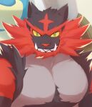  1boy black_fur colored_sclera fangs fangs_out furry gen_7_pokemon green_eyes incineroar looking_at_viewer male_focus pectorals pokemon pokemon_(creature) red_fur sharp_teeth smile teeth upper_body yellow_sclera zifuuuun 