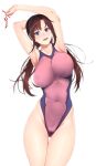  1girl armpits arms_up ass_visible_through_thighs bangs bare_shoulders blue_eyes breasts brown_hair collarbone commentary competition_swimsuit covered_nipples eyewear_removed fingernails glasses hair_ornament hairband highleg highleg_swimsuit highres large_breasts lips long_hair looking_at_viewer makinami_mari_illustrious neon_genesis_evangelion one-piece_swimsuit open_mouth rebuild_of_evangelion red-framed_eyewear shiny shiny_hair simple_background smile solo swimsuit teeth thighs tied_hair two-tone_swimsuit white_background zucchini 