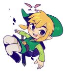  1boy :d bangs blonde_hair blush boots brown_eyes eyebrows_visible_through_hair fa8072 green_headwear green_tunic hat link long_sleeves looking_at_viewer male_focus navi open_mouth outstretched_arms pants pointy_ears sheath shield sidelocks smile teeth the_legend_of_zelda tongue 