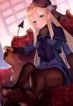  1girl absurdres arm_rest bangs beret black_legwear blonde_hair blue_dress blue_eyes blunt_bangs blush boots brown_gloves brown_legwear capelet crossed_legs demon_tail dress fate_(series) full_body gloves grin hat head_rest highres hime_cut long_hair long_sleeves looking_away lord_el-melloi_ii_case_files on_chair pantyhose pencil_dress reines_el-melloi_archisorte scan scarf sidelocks sitting smile solo straight_hair suzuho_hotaru tail 